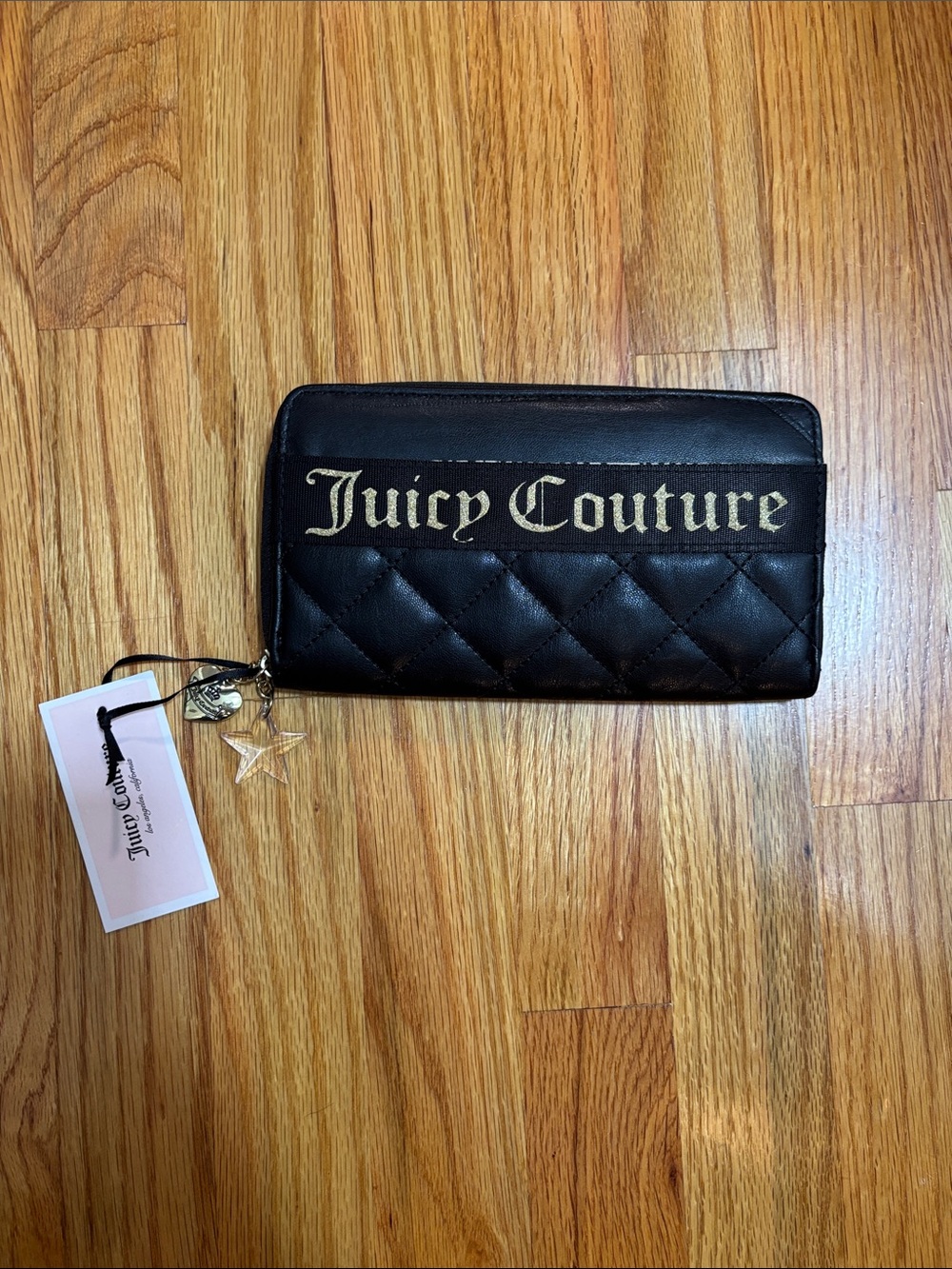 Juicy Couture Black Quilted Zip-Around Wallet with Gold Logo Script